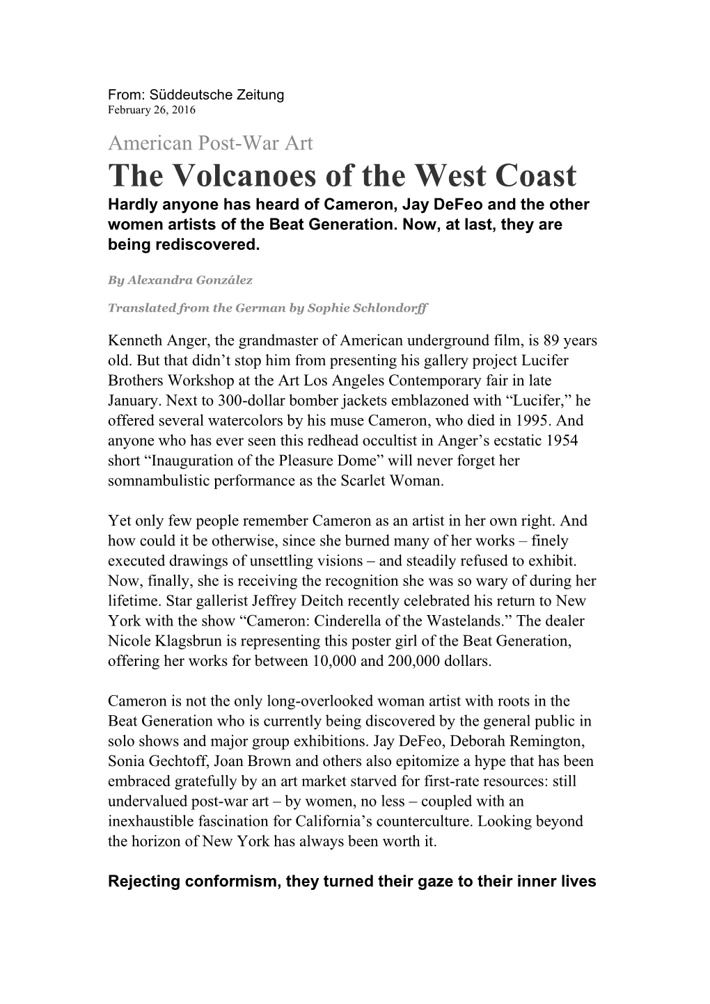 The Volcanoes of the West Coast Hardly Anyone Has Heard of Cameron, Jay Defeo and the Other Women Artists of the Beat Generation