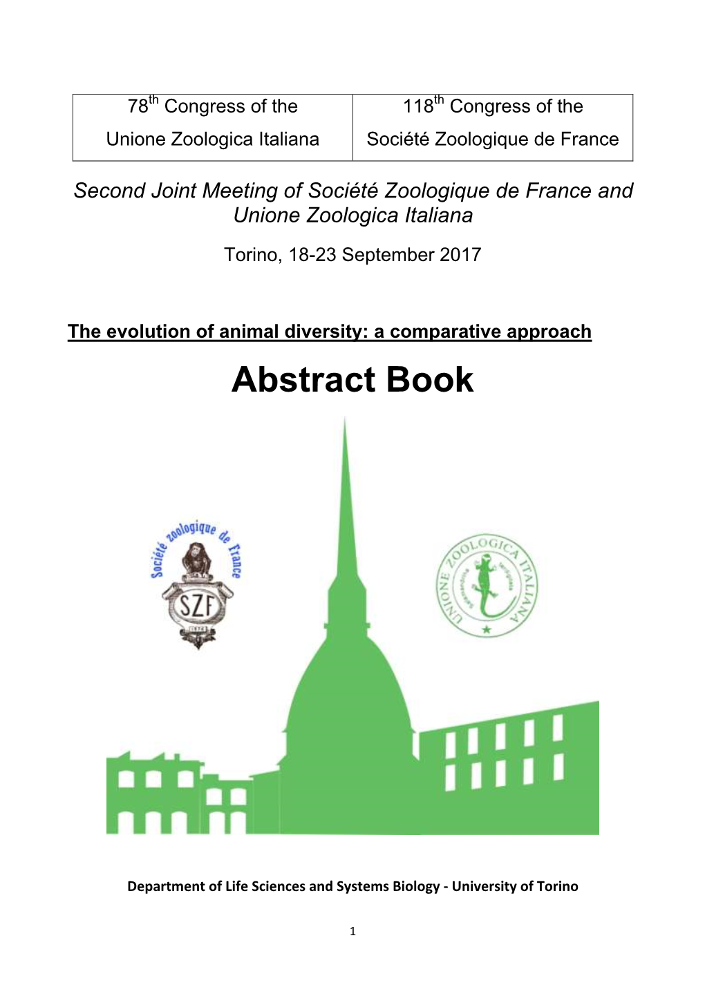 78Th Congress of the 118Th Congress of the Unione Zoologica Italiana Société Zoologique De France