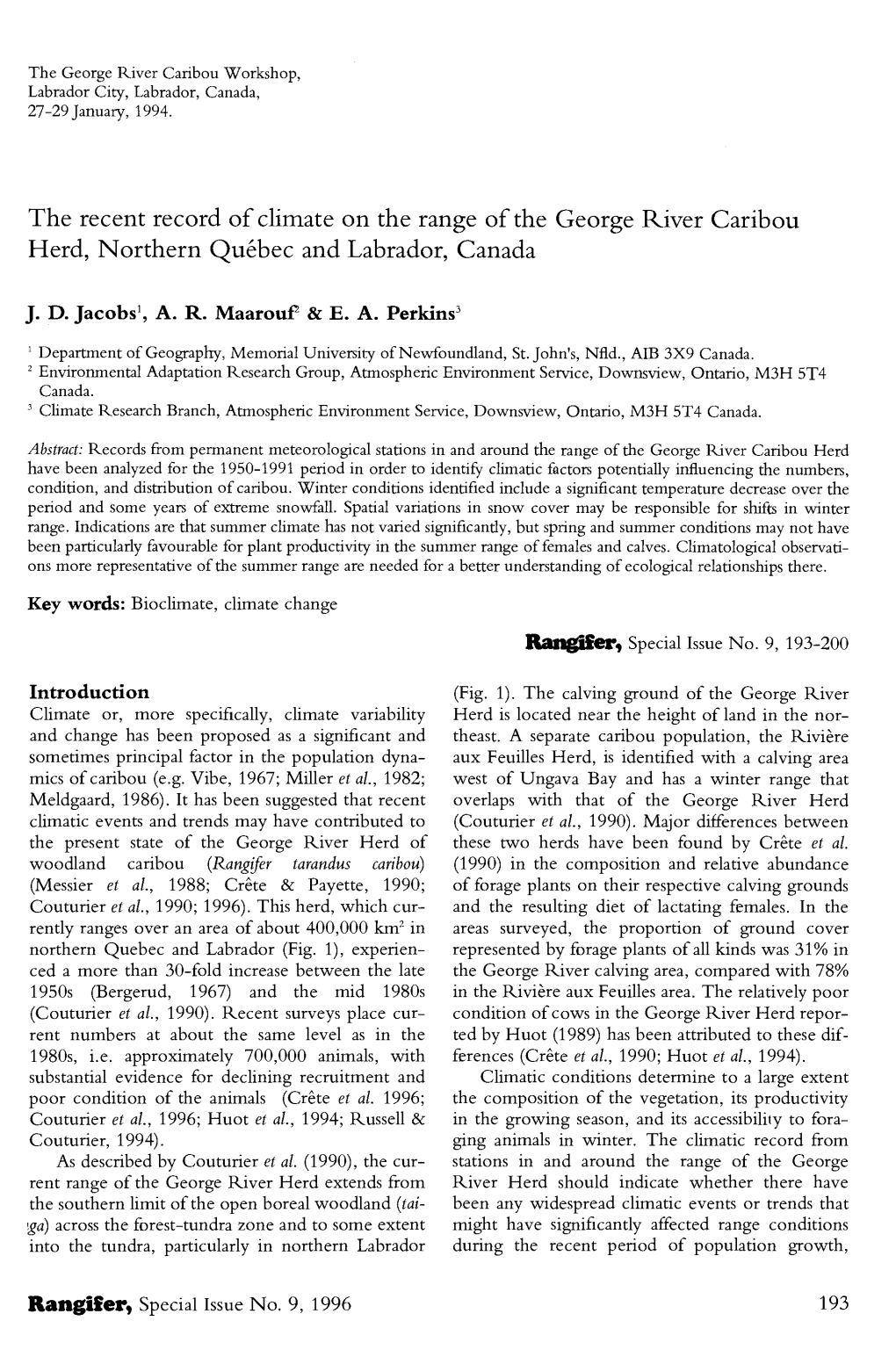 The Recent Record of Climate on the Range of the George River Caribou Herd, Northern Québec and Labrador, Canada