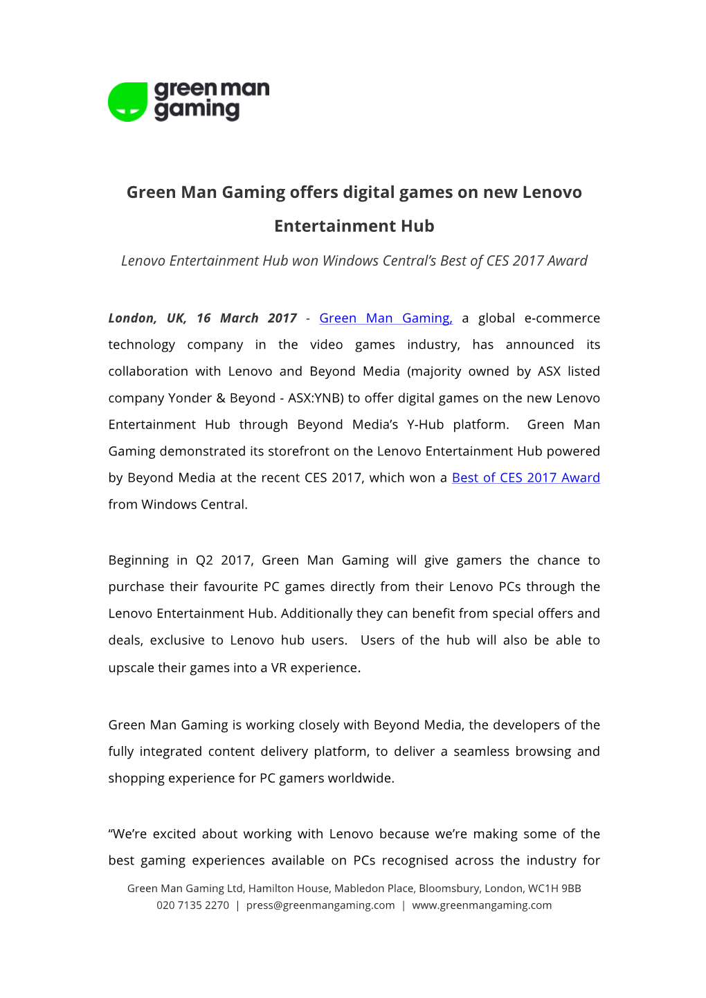 Green Man Gaming Offers Digital Games on New Lenovo Entertainment