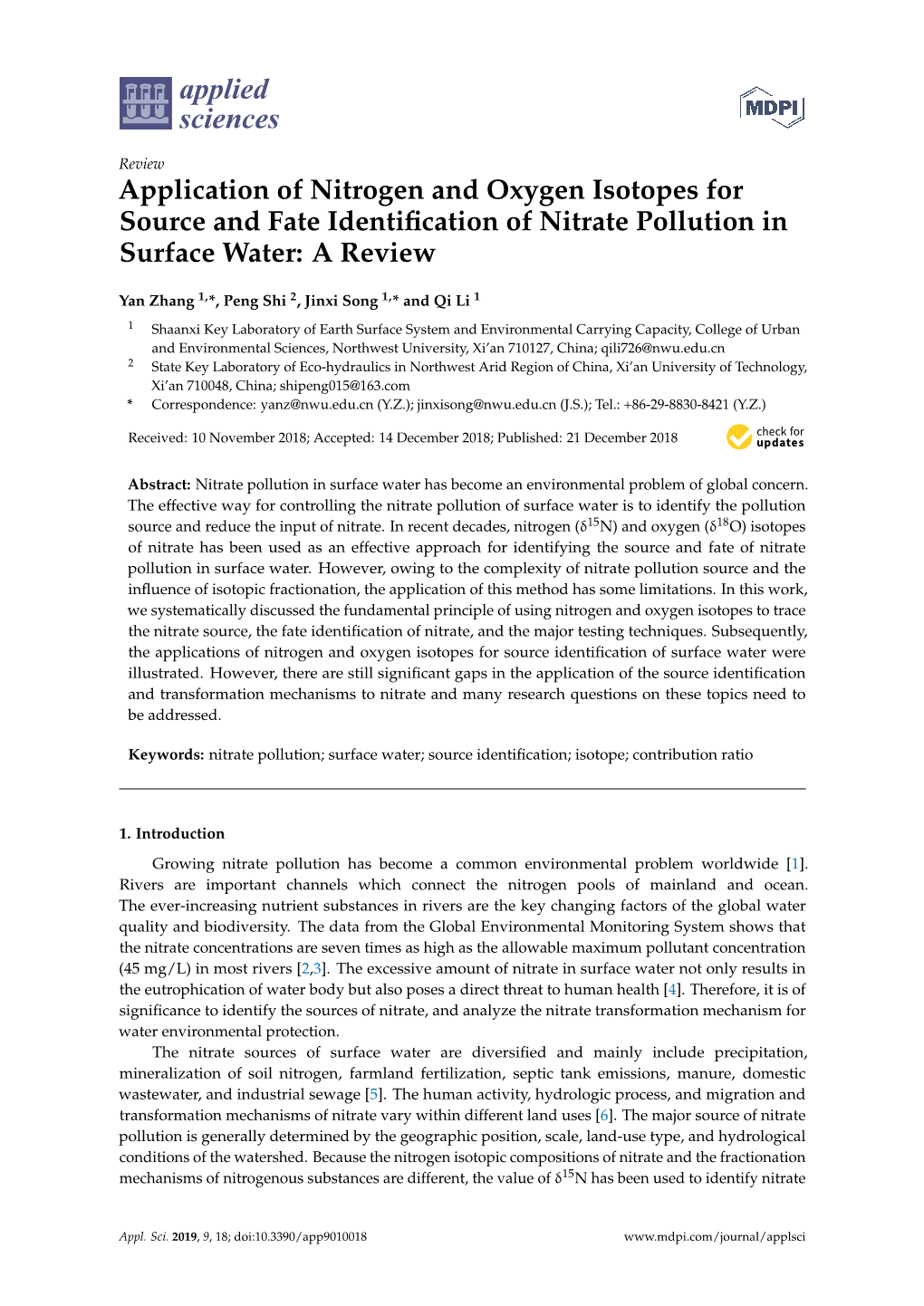 Application of Nitrogen and Oxygen Isotopes for Source and Fate Identiﬁcation of Nitrate Pollution in Surface Water: a Review