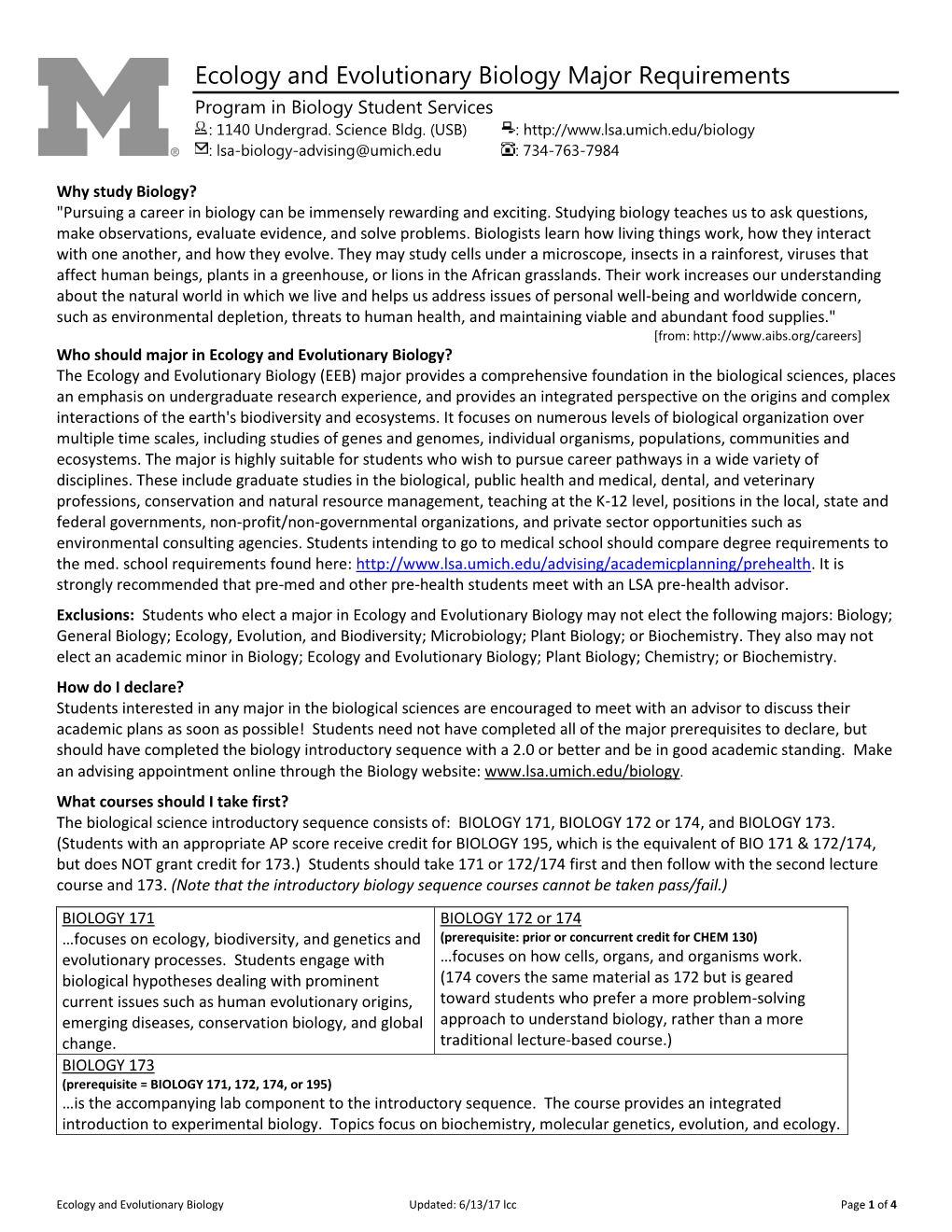 Ecology and Evolutionary Biology Major Requirements