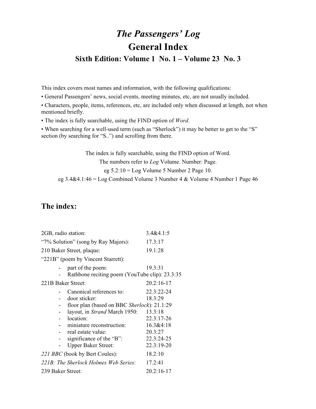 The Passengers' Log General Index