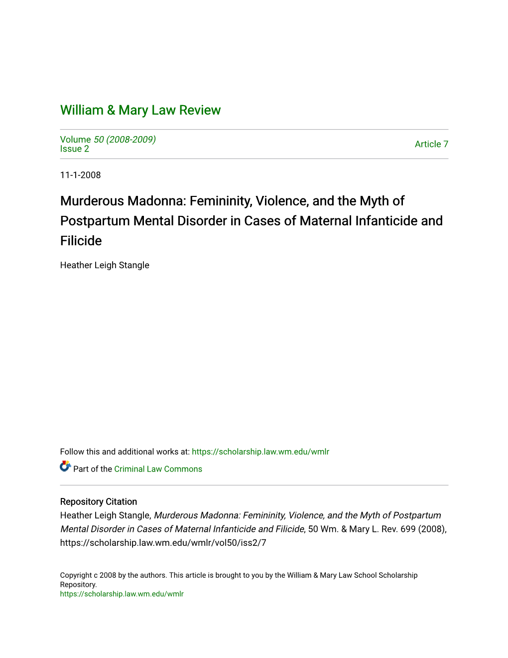 Femininity, Violence, and the Myth of Postpartum Mental Disorder in Cases of Maternal Infanticide and Filicide