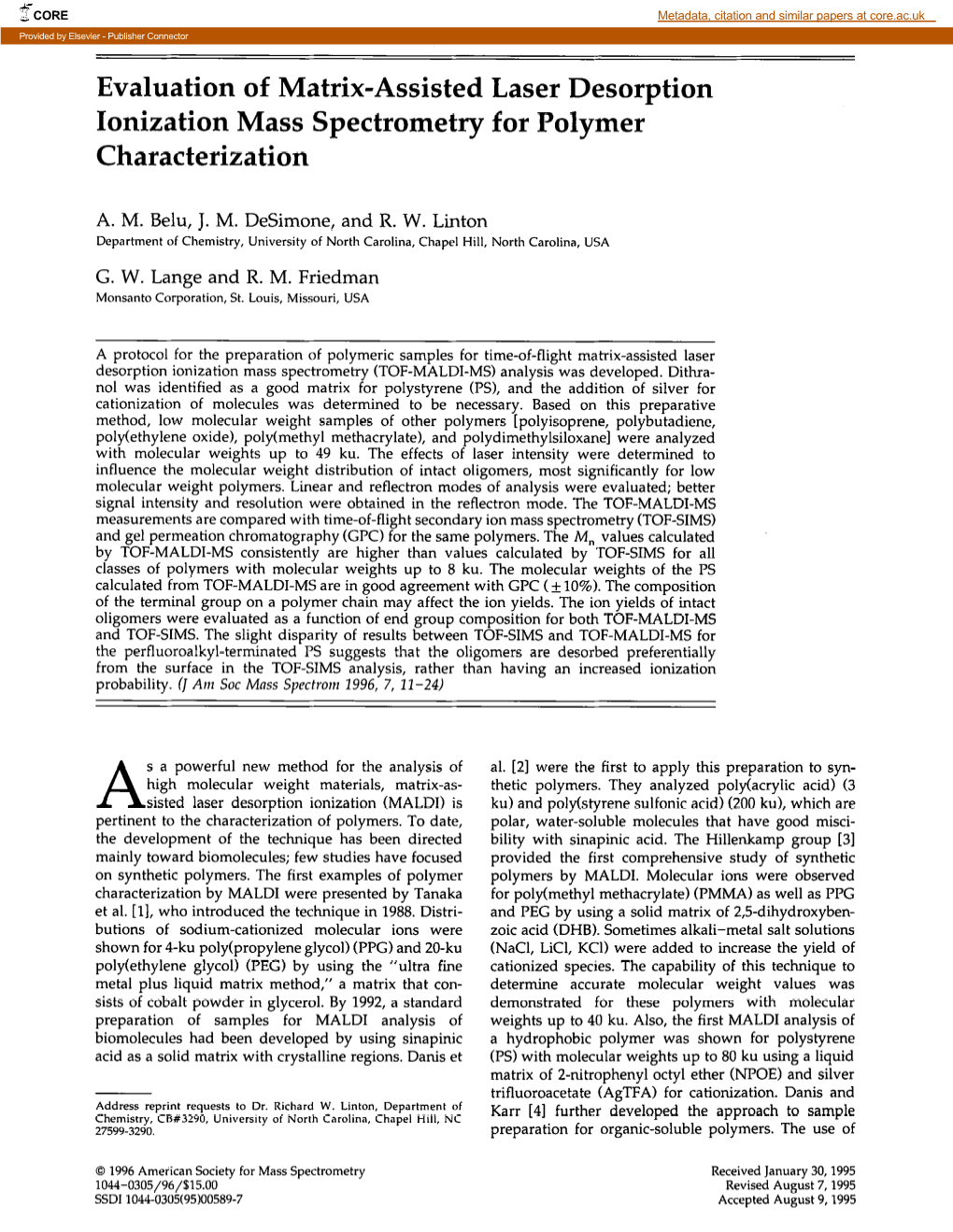 Evaluation of Matrix-Assisted Laser Desorption Ionization Mass Spectrometry for Polymer Characterization