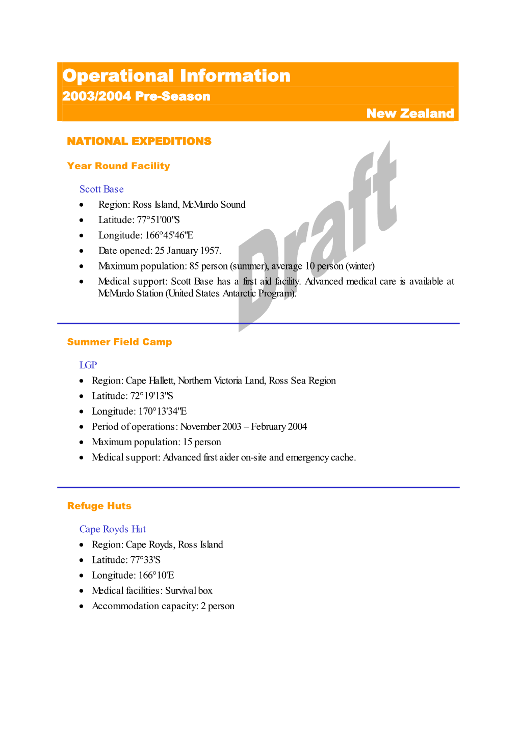 Operational Information 2003/2004 Pre-Season New Zealand