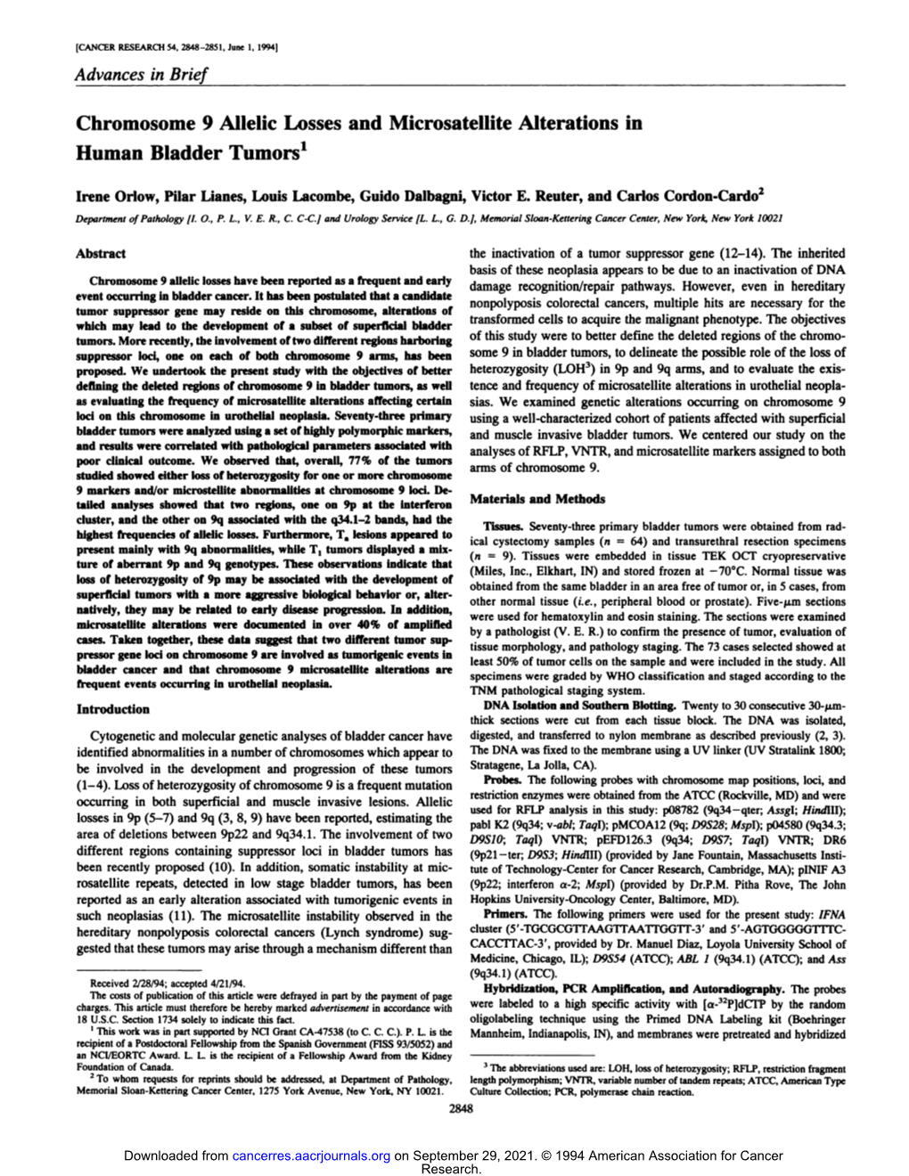 Chromosome 9 Allelic Losses and Microsatellite Alterations in Human Bladder Tumors'