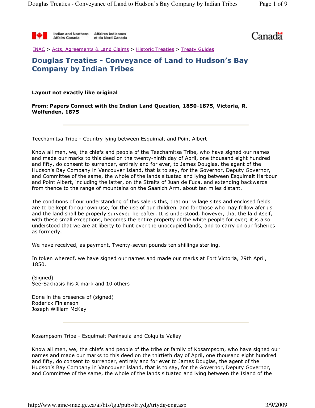 Douglas Treaties - Conveyance of Land to Hudson’S Bay Company by Indian Tribes Page 1 of 9