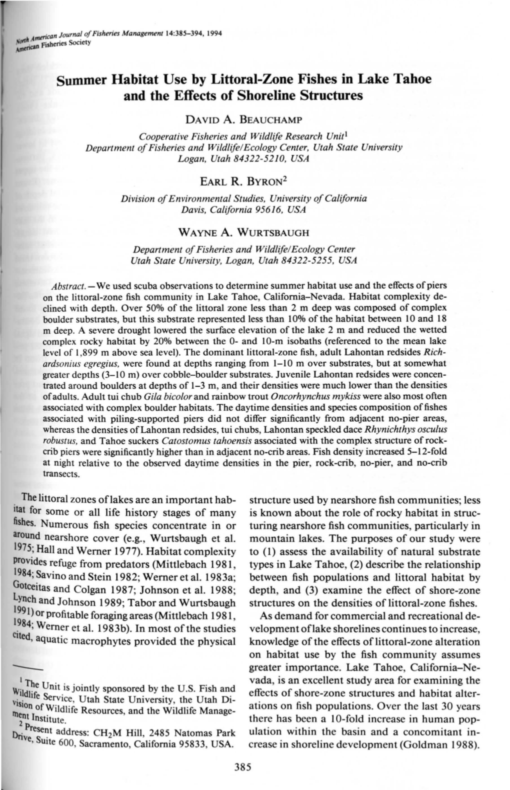 Summer Habitat Use by Littoral-Zone Fishes in Lake Tahoe and the Effects of Shoreline Structures