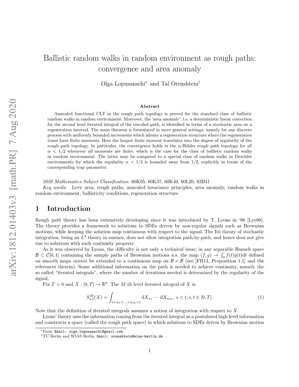 Ballistic Random Walks in Random Environment As Rough Paths: Convergence and Area Anomaly