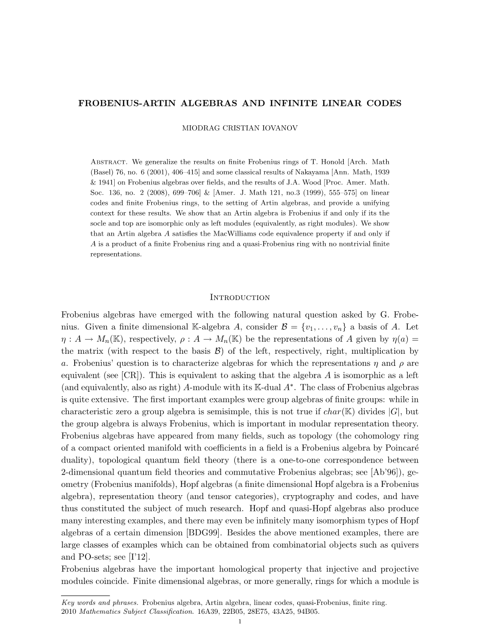 Frobenius-Artin Algebras and Infinite Linear Codes