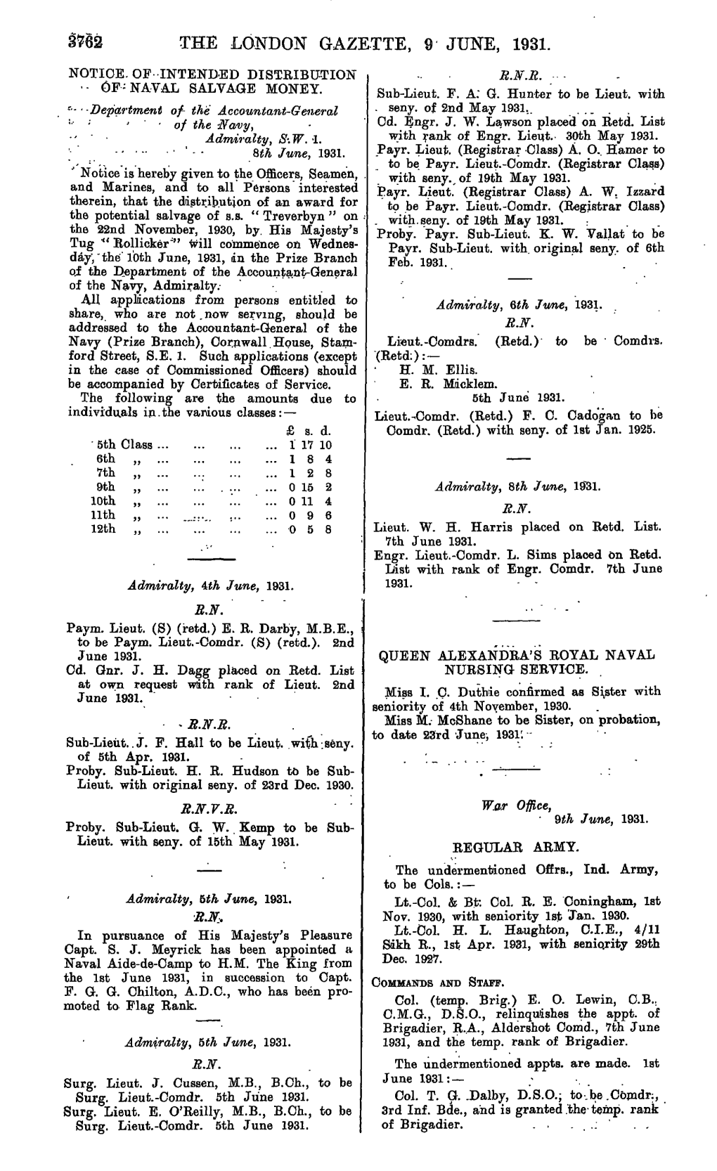 The London Gazette, 9 June, 1931. Notice