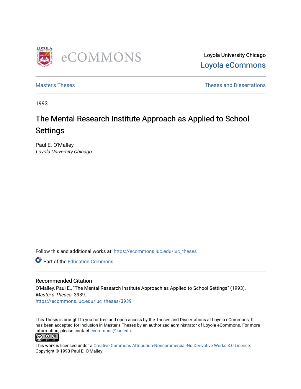 The Mental Research Institute Approach As Applied to School Settings
