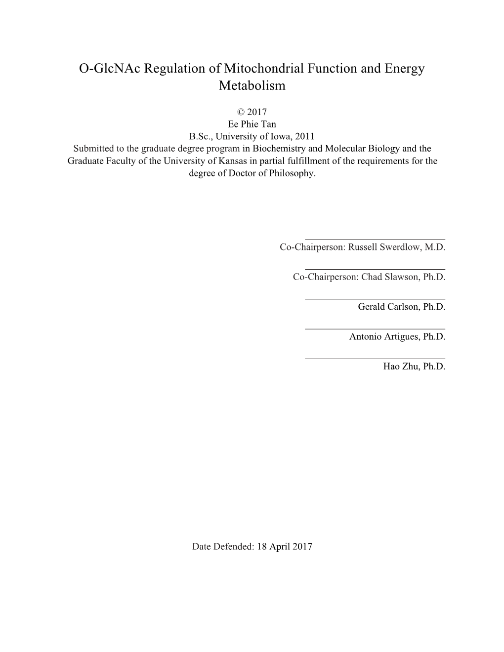 O-Glcnac Regulation of Mitochondrial Function and Energy Metabolism