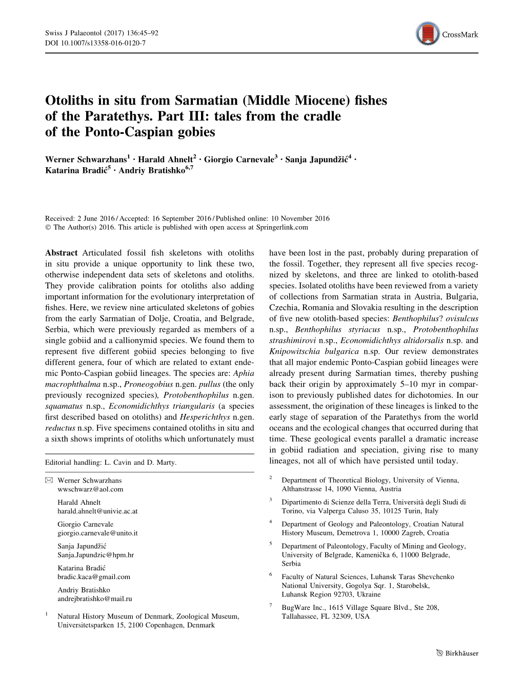 Otoliths in Situ from Sarmatian (Middle Miocene) Fishes of the Paratethys