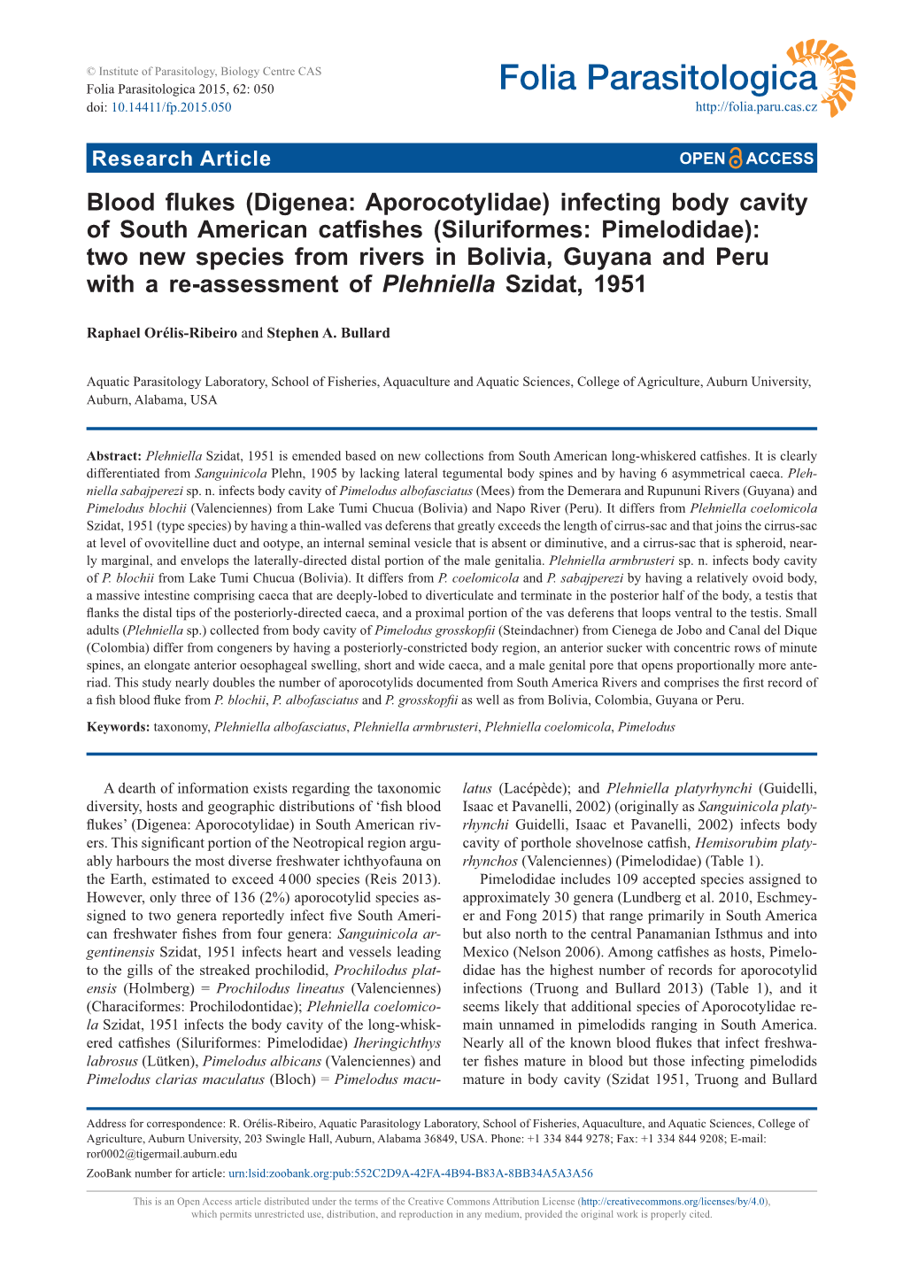 Infecting Body Cavity of South American Catfishes