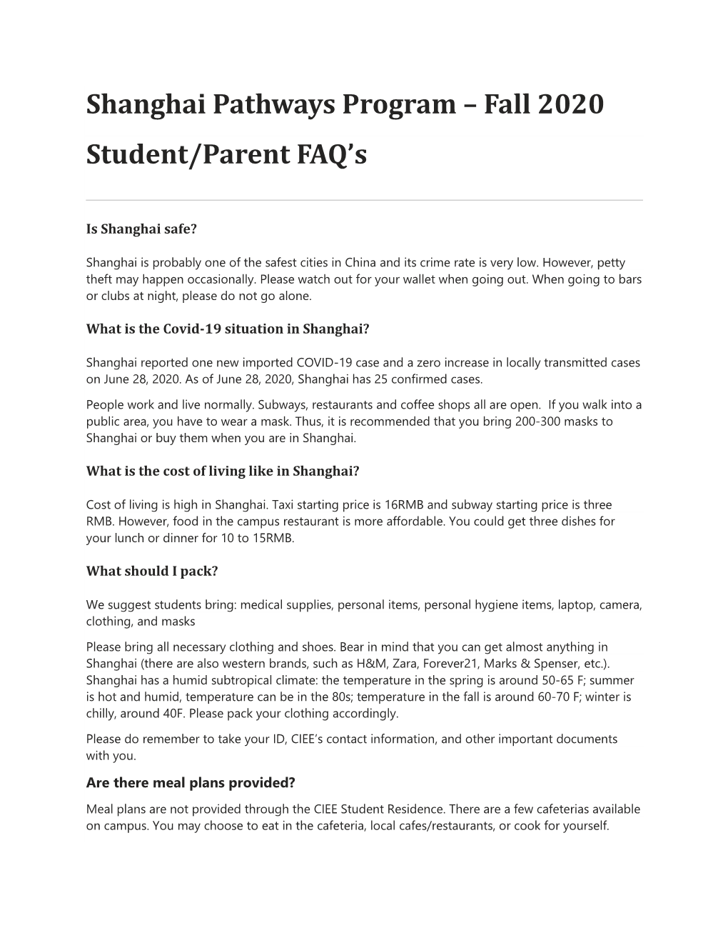Shanghai Pathways Program – Fall 2020 Student/Parent FAQ's