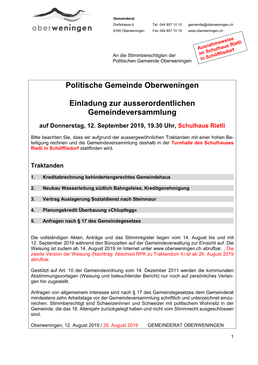 Politische Gemeinde Oberweningen Einladung Zur Ausserordentlichen Gemeindeversammlung