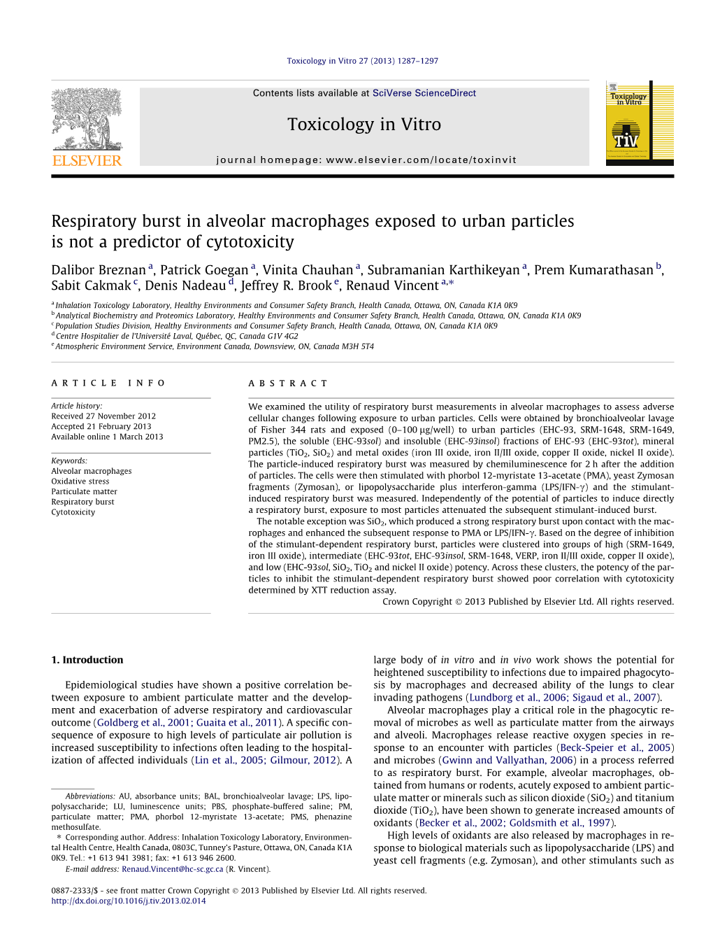 Respiratory Burst in Alveolar Macrophages Exposed to Urban Particles Is Not a Predictor of Cytotoxicity