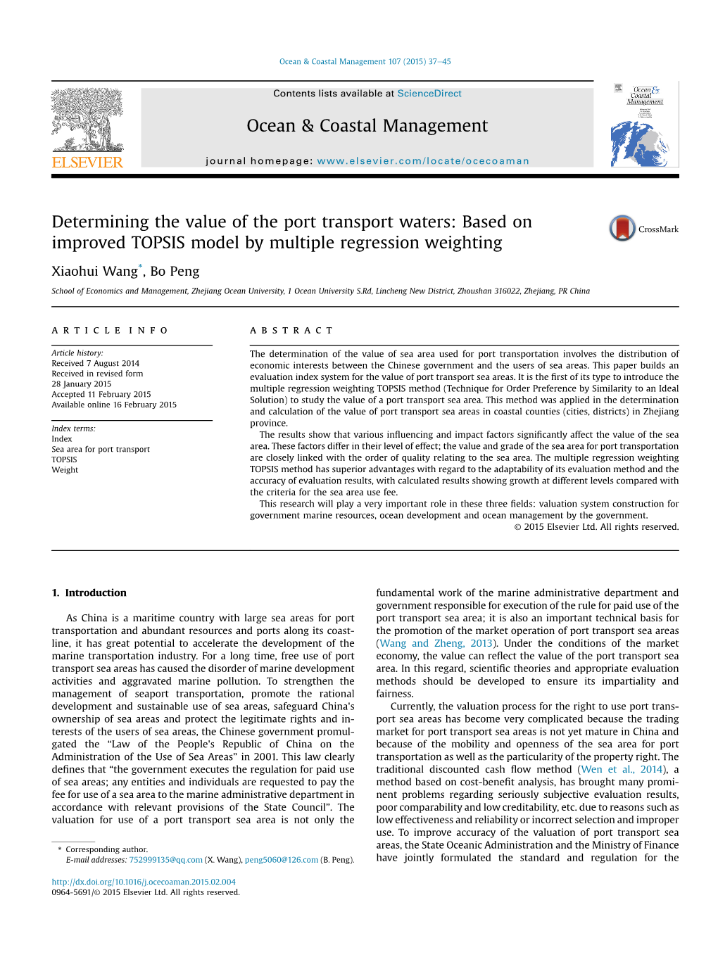 Determining the Value of the Port Transport Waters: Based on Improved TOPSIS Model by Multiple Regression Weighting