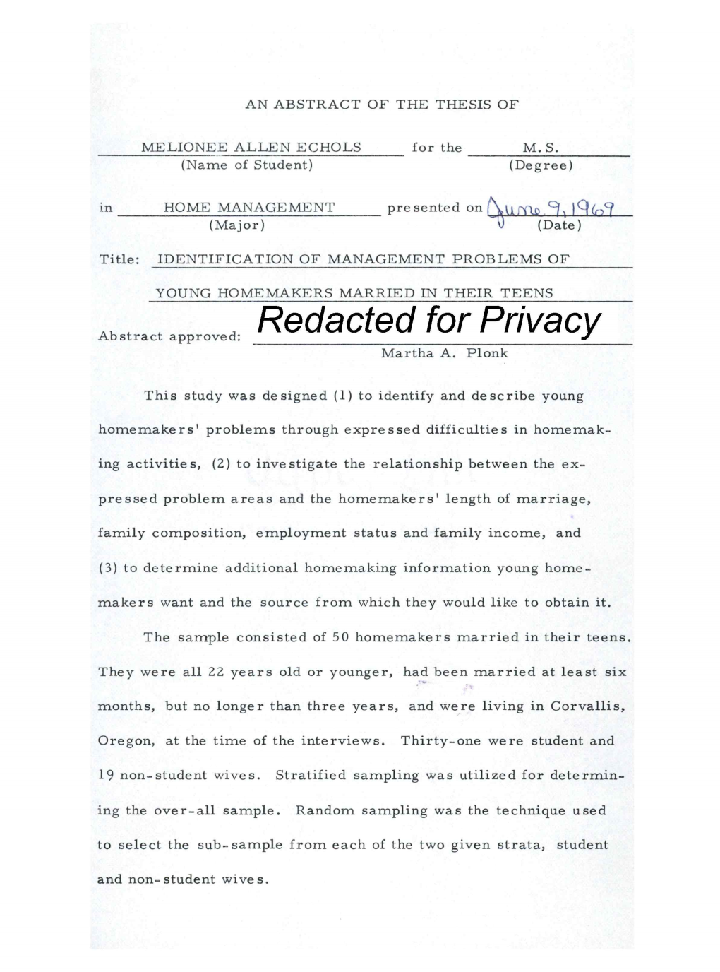 Identification of Management Problems of Young Homemakers Married in Their Teens