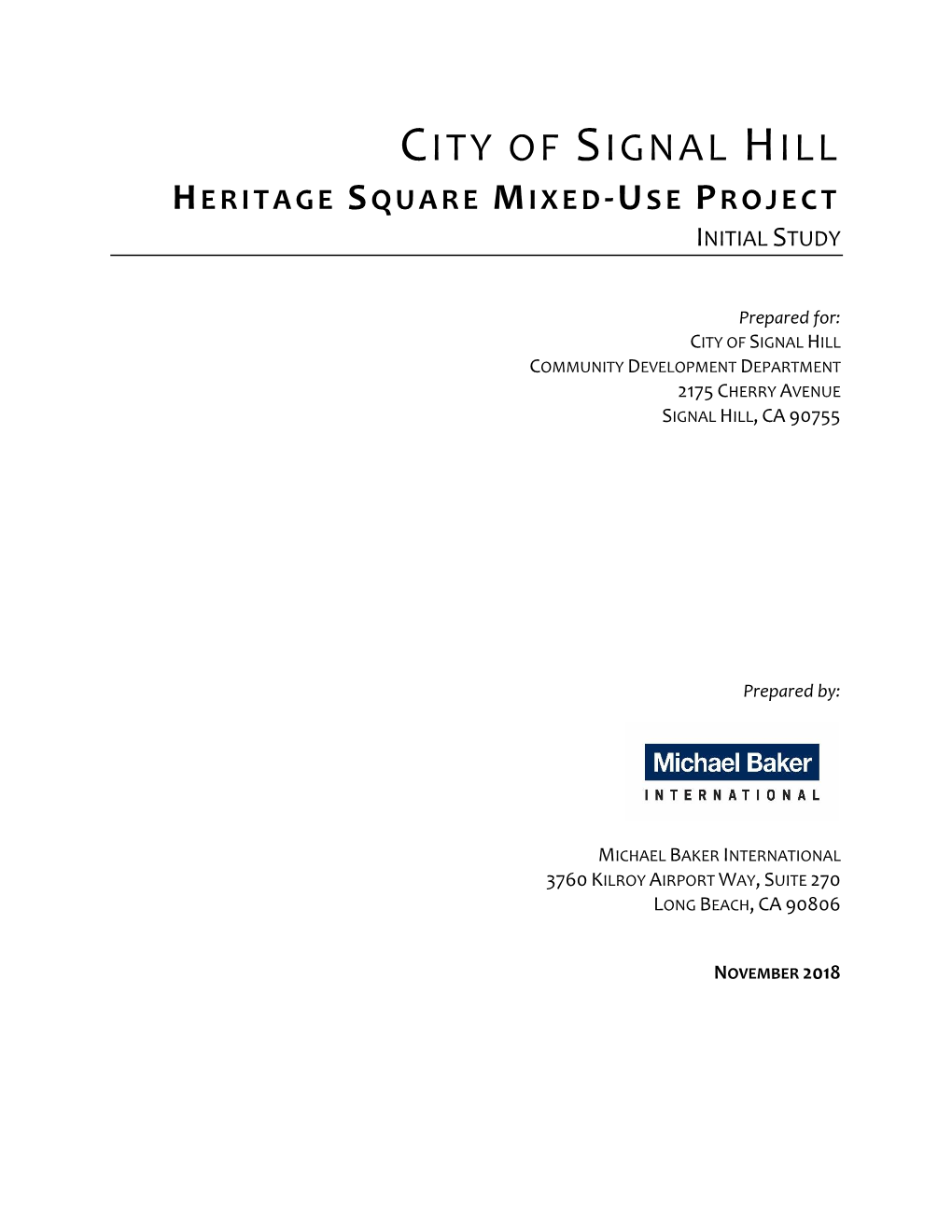 Heritage Square Mixed-Use Project November 2018 Initial Study I TABLE of CONTENTS