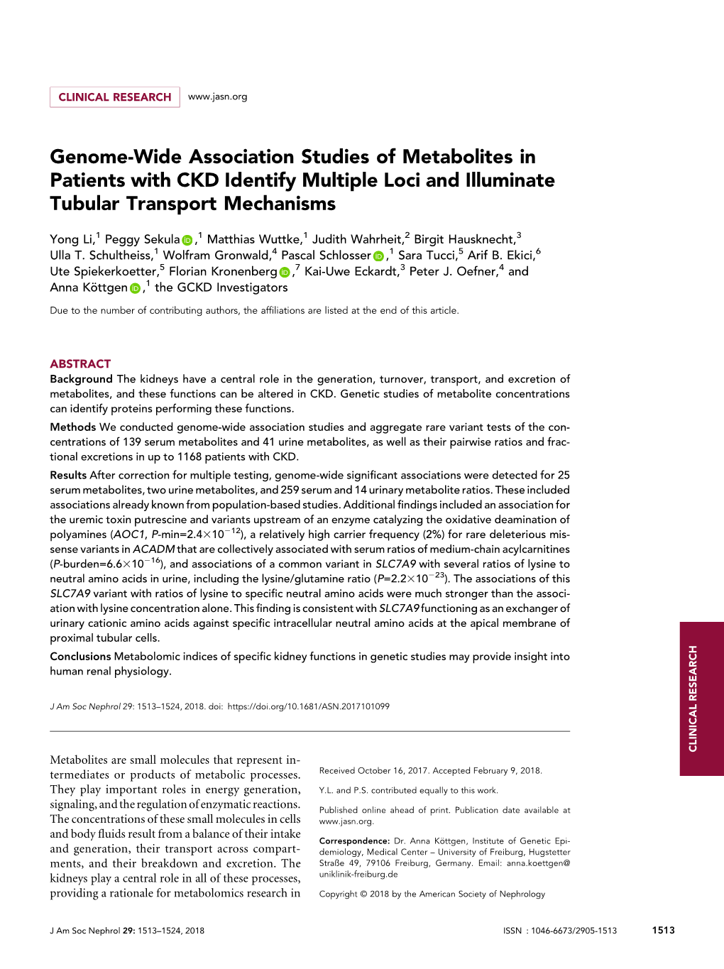 Genome-Wide Association Studies of Metabolites in Patients with CKD Identify Multiple Loci and Illuminate Tubular Transport Mechanisms