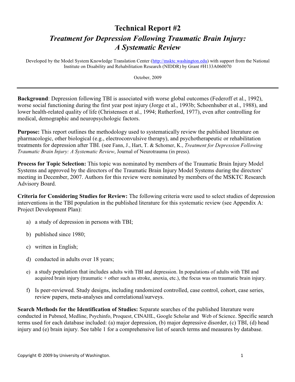 Technical Report #2 Treatment for Depression Following Traumatic Brain Injury: a Systematic Review