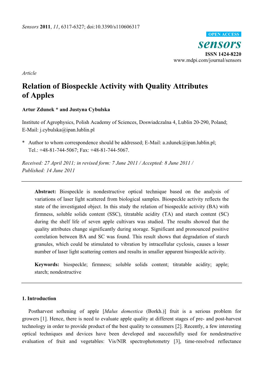 Relation of Biospeckle Activity with Quality Attributes of Apples