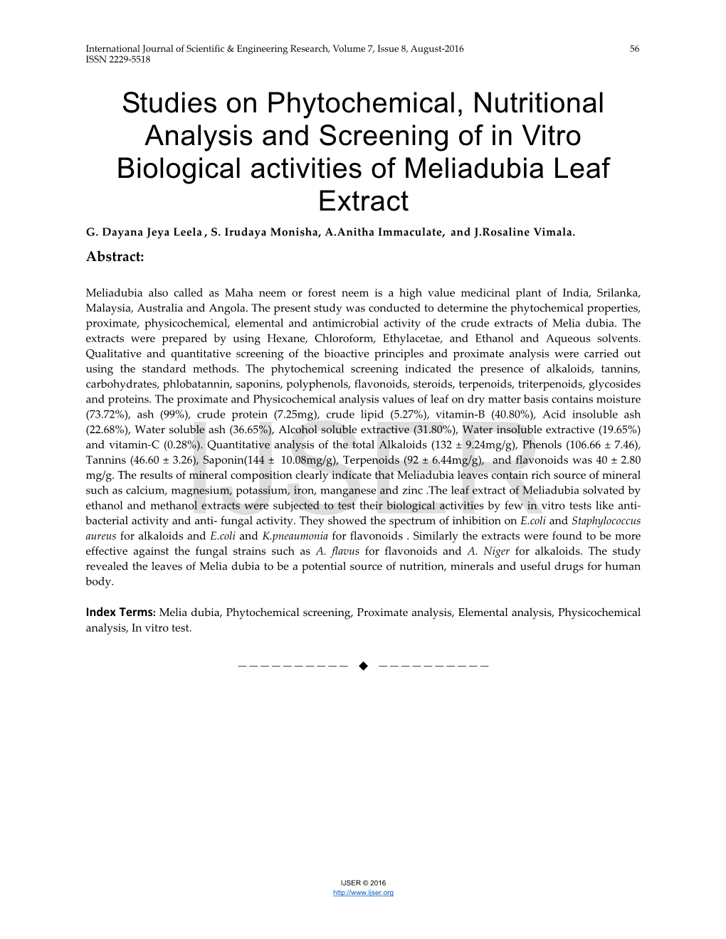 Studies on Phytochemical, Nutritional Analysis and Screening of in Vitro Biological Activities of Meliadubia Leaf Extract G