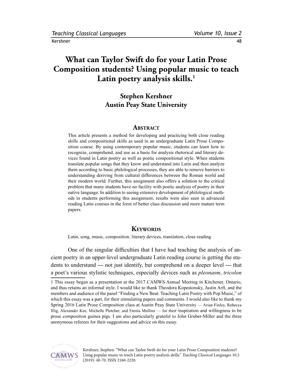 What Can Taylor Swift Do for Your Latin Prose Composition Students? Using Popular Music to Teach Latin Poetry Analysis Skills.1