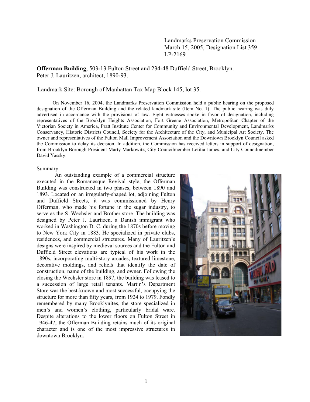 Landmarks Preservation Commission March 15, 2005, Designation List 359 LP-2169