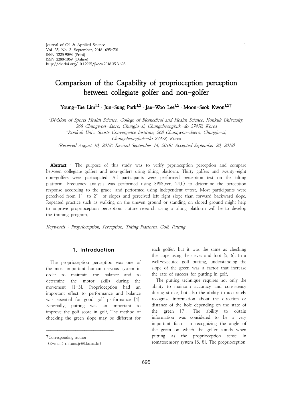 Comparison of the Capability of Proprioception Perception Between Collegiate Golfer and Non-Golfer