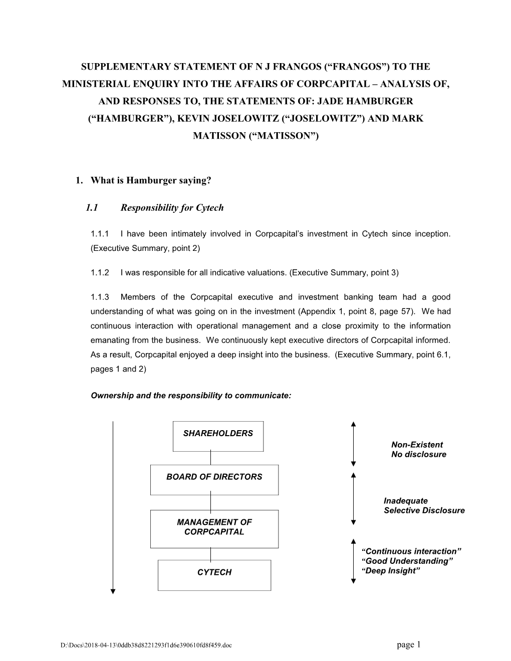 Supplementary Statement of N J Frangos ( Frangos ) to the Ministerial Enquiry Into The