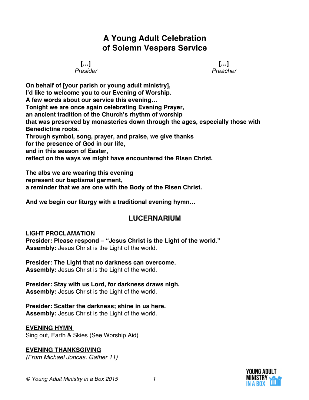 Vespers Order of Service-Sample Presider Script