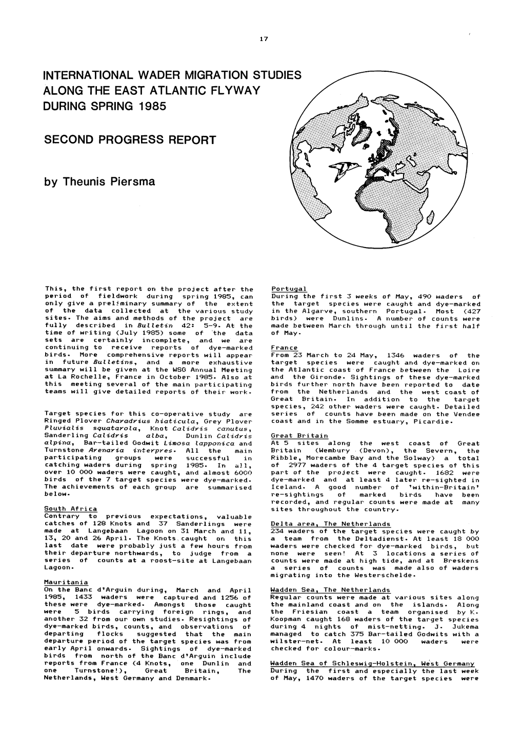 International Wader Migration Studies Along the East Atlantic Flyway During Spring 1985