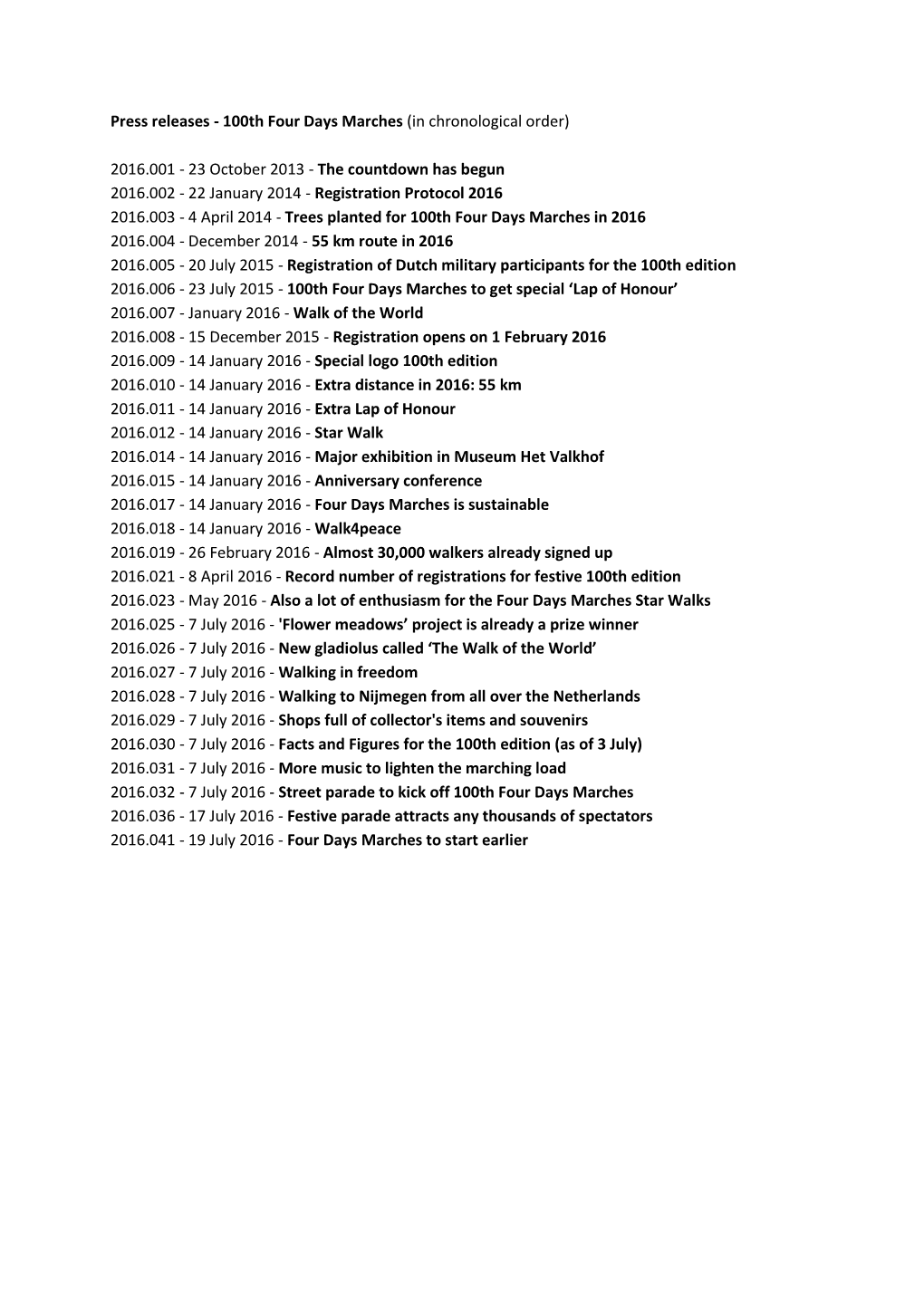 Press Releases - 100Th Four Days Marches (In Chronological Order)