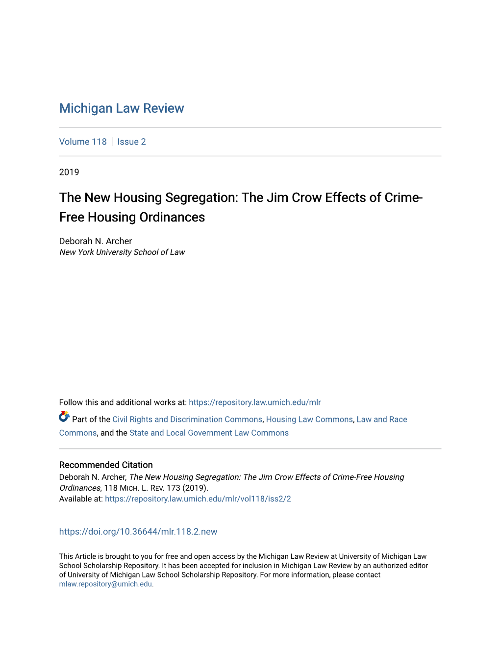 The Jim Crow Effects of Crime-Free Housing Ordinances, 118 MICH