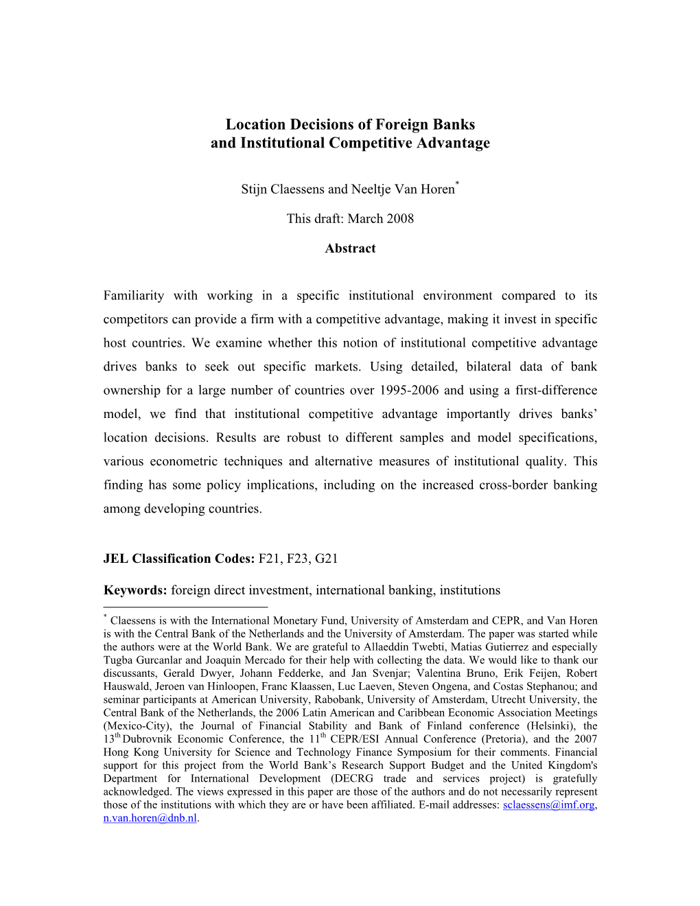 Location Decisions of Foreign Banks and Competitive Advantage