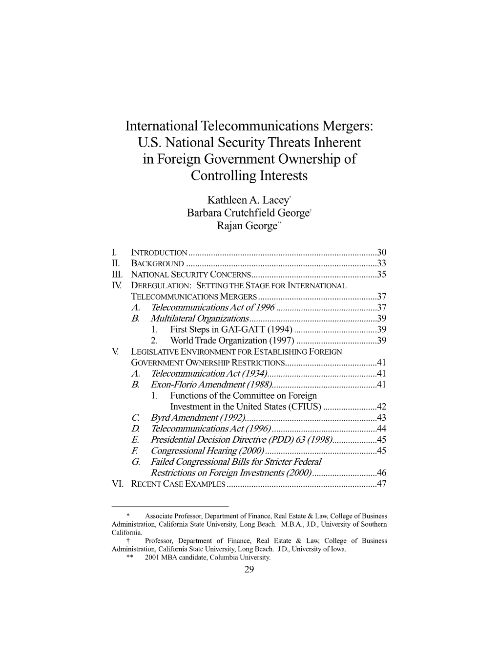 International Telecommunications Mergers: U.S