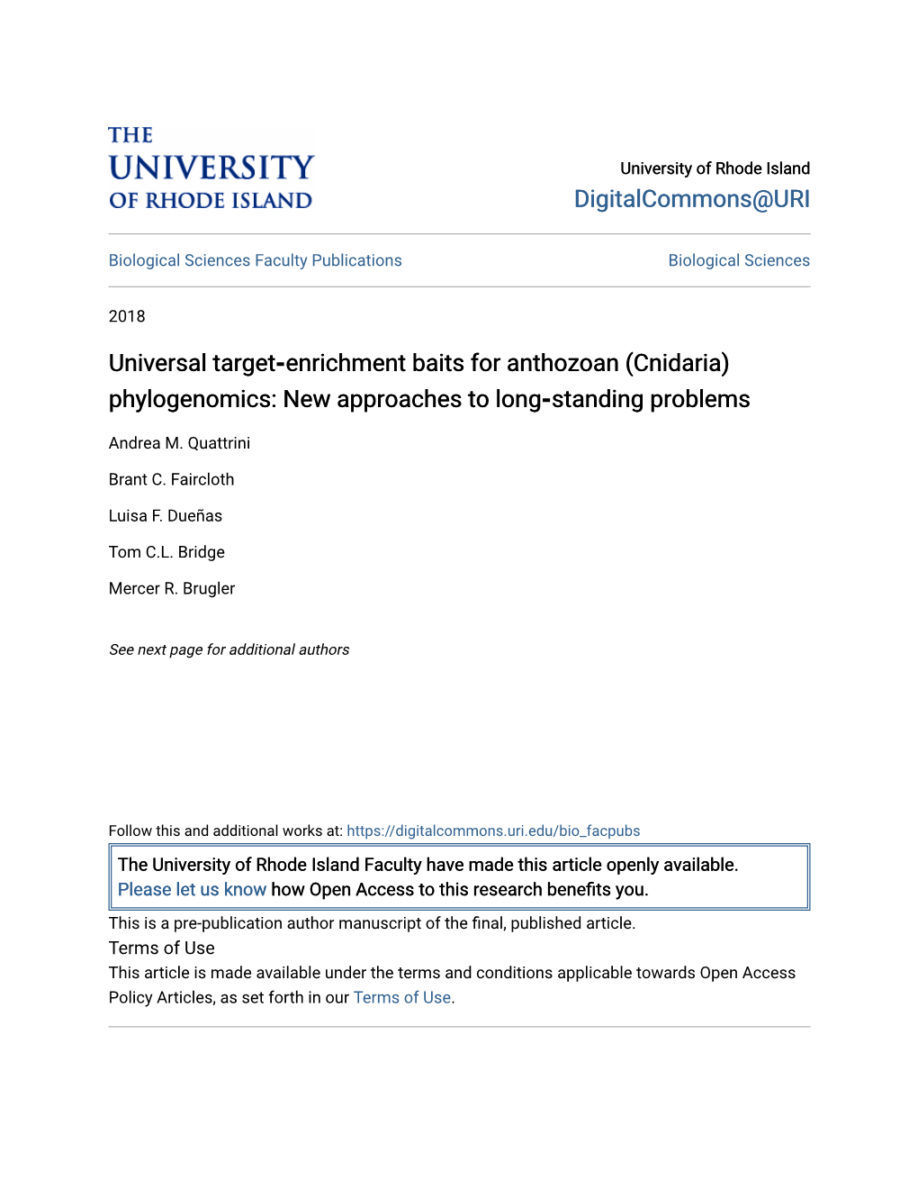 Digitalcommons@URI Universal Target-Enrichment Baits for Anthozoan