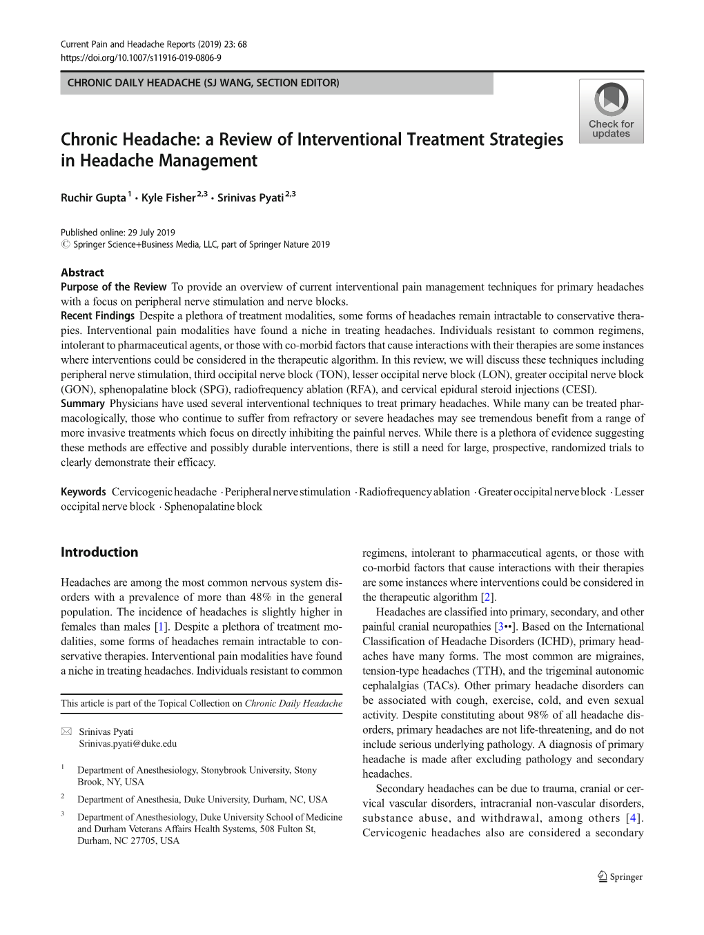 A Review of Interventional Treatment Strategies in Headache Management