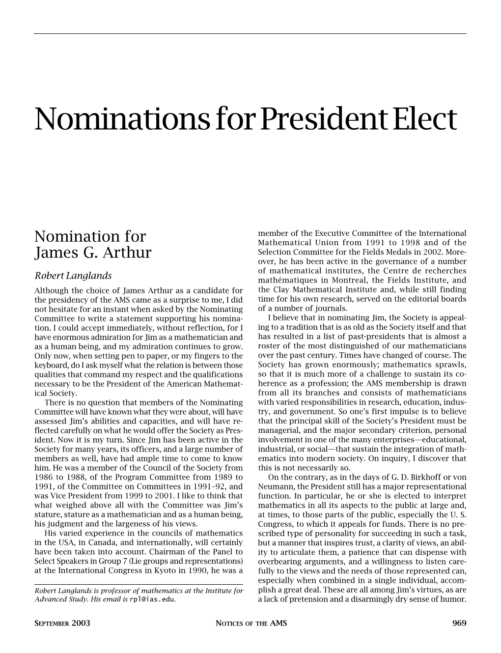 Nominations for President Elect