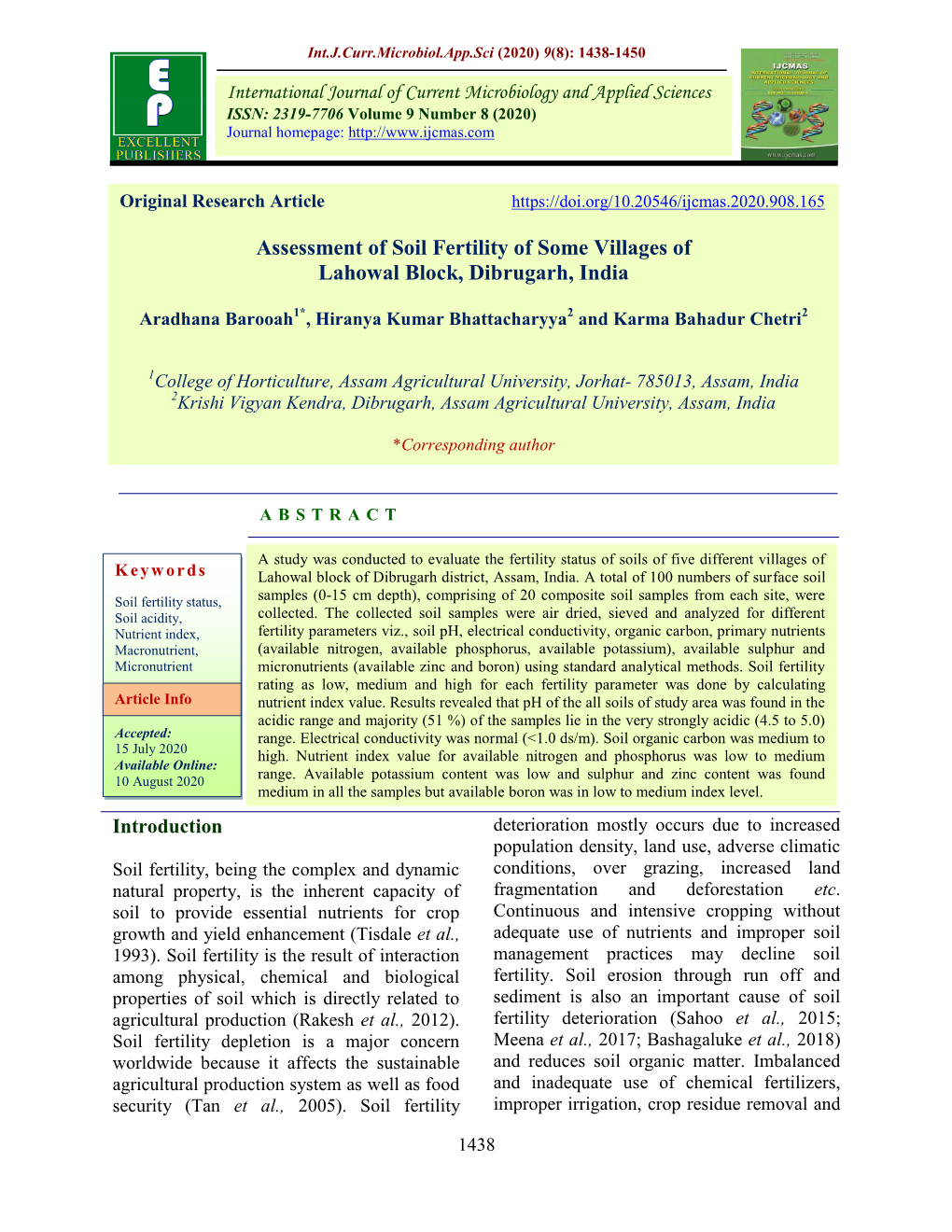 Assessment of Soil Fertility of Some Villages of Lahowal Block, Dibrugarh, India