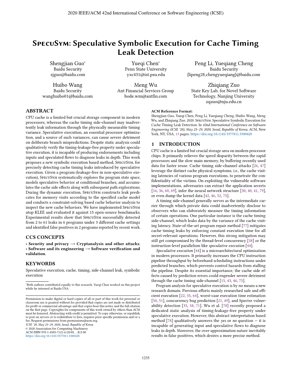 Specusym: Speculative Symbolic Execution for Cache Timing Leak Detection