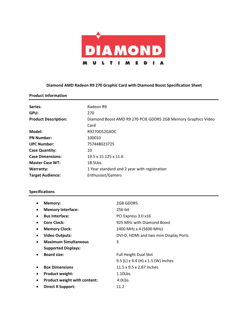 Radeon R9 270 Graphic Card with Diamond Boost Specification Sheet