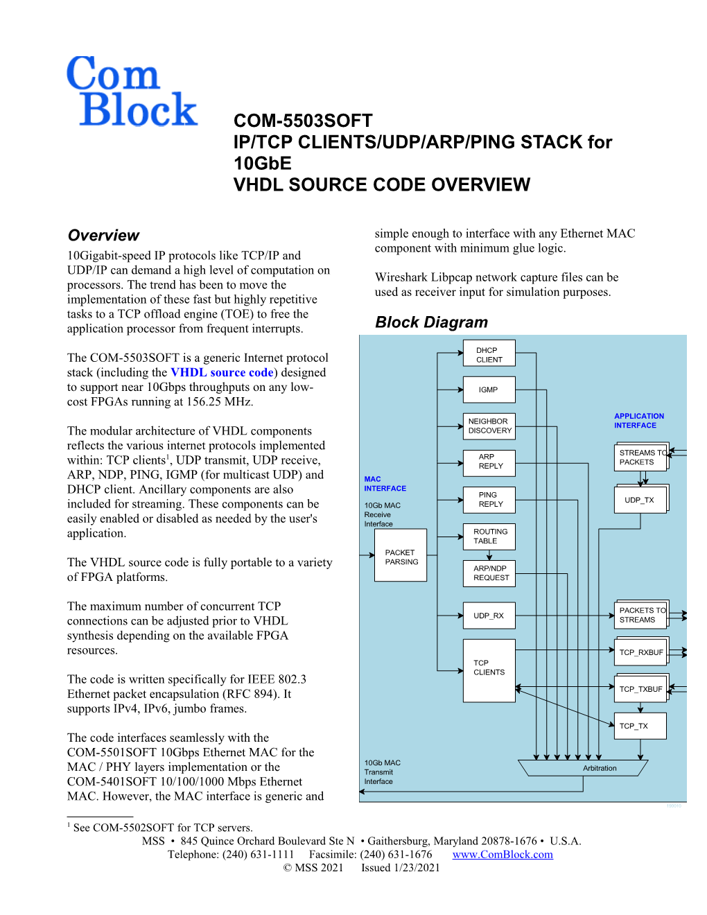 COM-5503SOFT IP Protocol Stack for 10Gbe, VHDL Source Code Overview