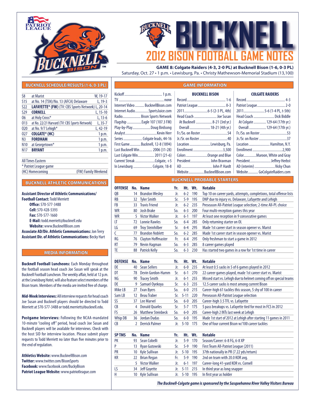 BUCKNELL 2012 BISON FOOTBALL GAME NOTES GAME 8: Colgate Raiders (4-3, 2-0 PL) at Bucknell Bison (1-6, 0-3 PL) Saturday, Oct