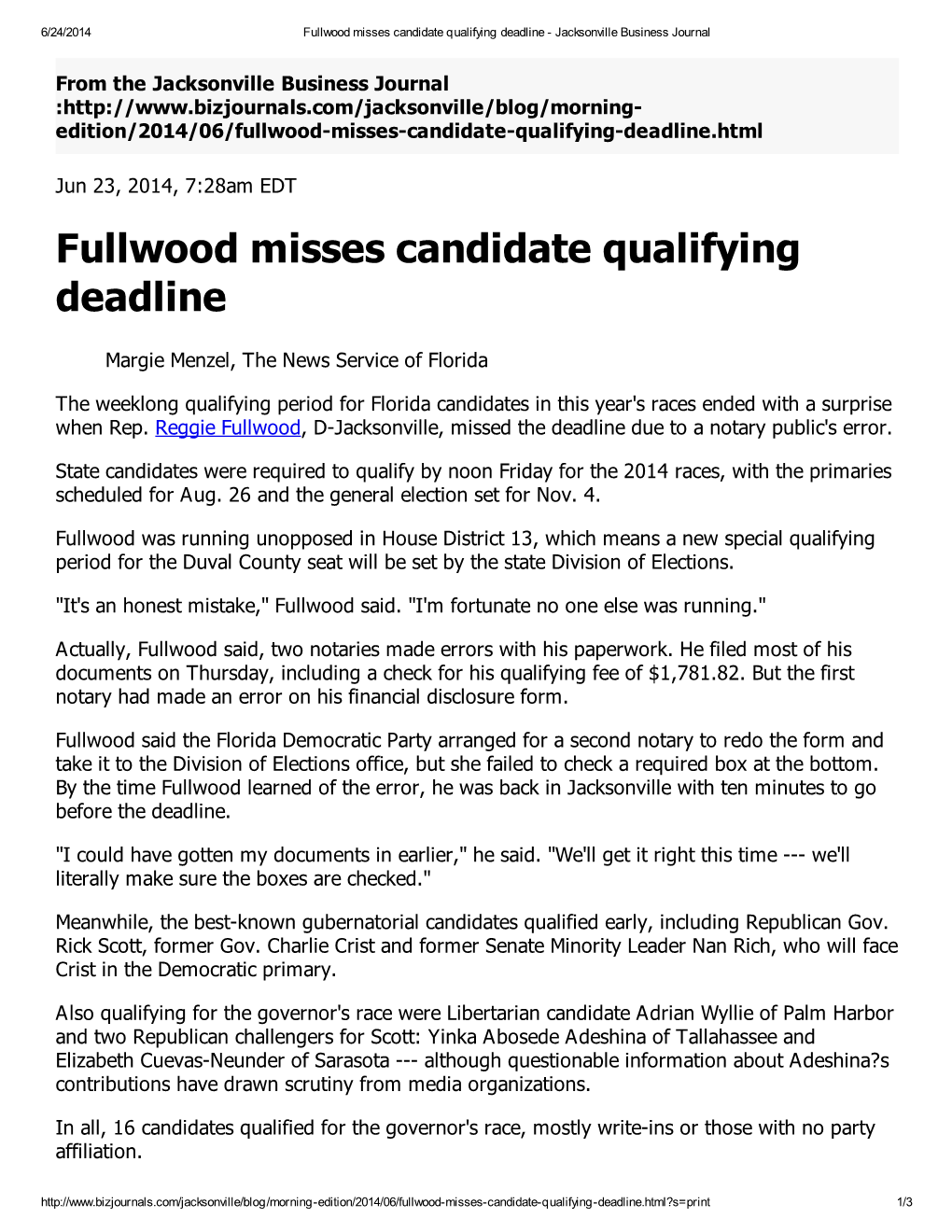 Fullwood Misses Candidate Qualifying Deadline - Jacksonville Business Journal