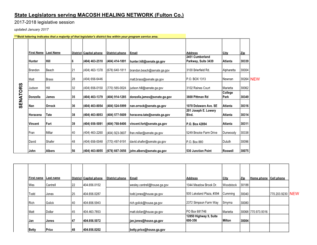 State Legislators Serving MACOSH HEALING NETWORK (Fulton Co.) 2017-2018 Legislative Session Updated January 2017